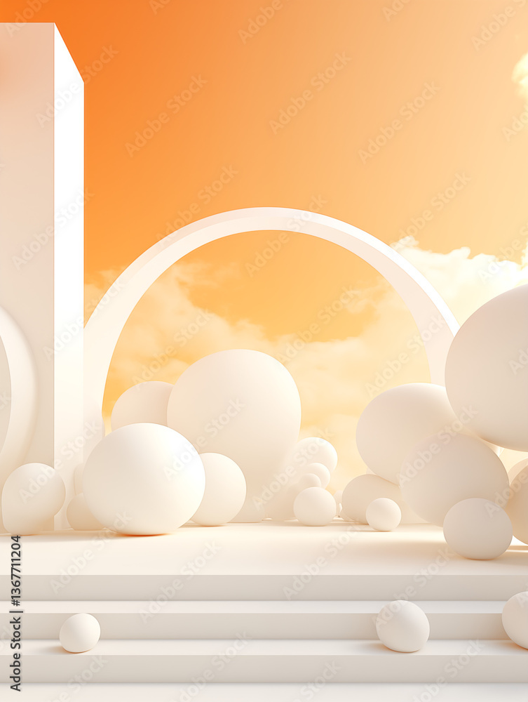 Fototapeta premium A space decorated with spherical ornaments in orange and white, suitable for use as an e-commerce product background image.