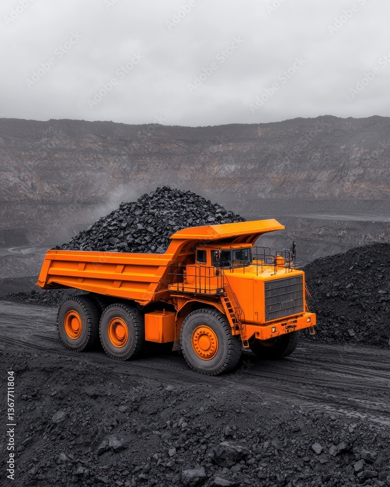 Obraz premium Heavy Orange Dump Truck Transporting Coal in Open Quarry Landscape