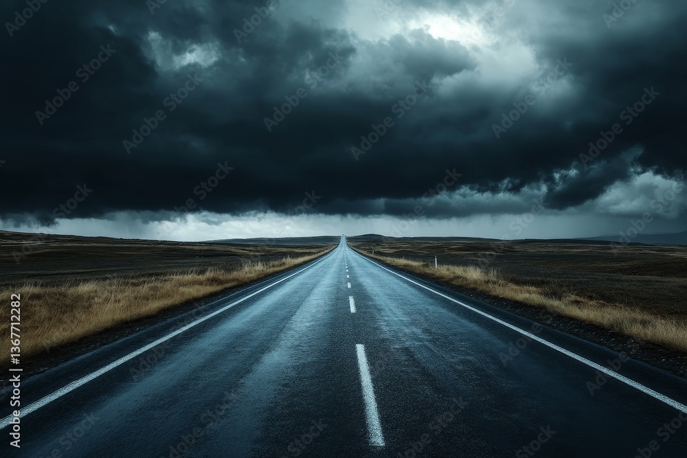 Naklejka premium Stormy Road Extends into Dark Clouds