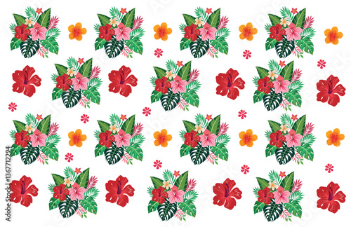 A seamless pattern with lush tropical leaves, hibiscus flowers, and exotic fruits in vibrant colors, ideal for summer beachwear and resort dresses.