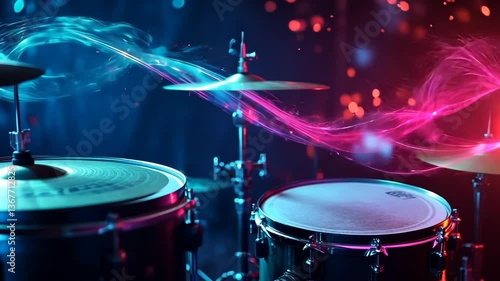Dynamic drum set illuminated with vibrant lights and energetic musical streams