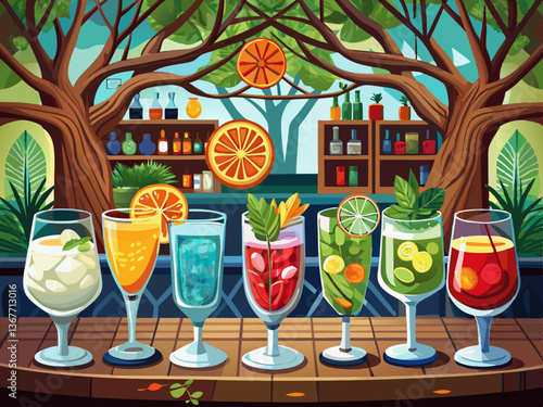 vector of Tree colorful gin and tonic cocktails in glasses on bar counter in pup or restaurant.