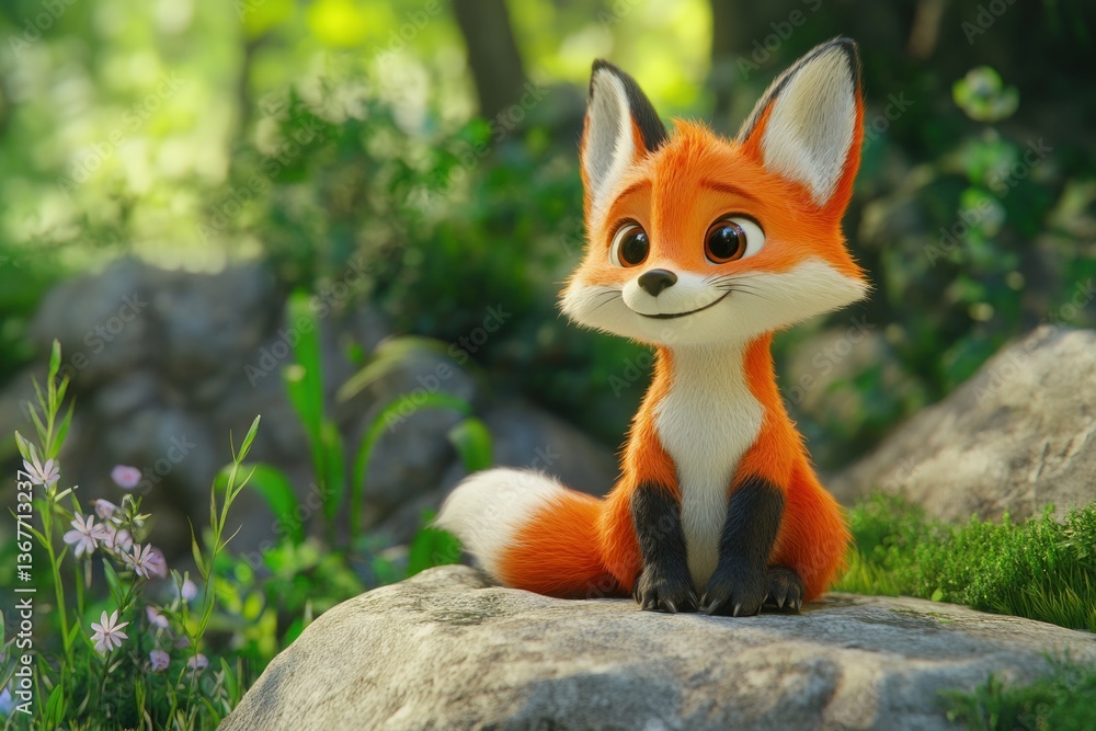 Cute cartoon fox sitting on a rock in a lush forest Cute cartoon fox sitting on a rock in a lush forest
