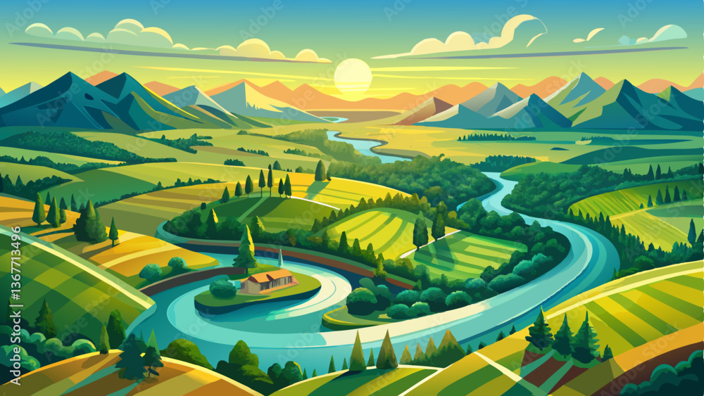 Fototapeta premium vector of panoramic aerial shot where a twisting river reflects sunlight as it winds through verdant fields