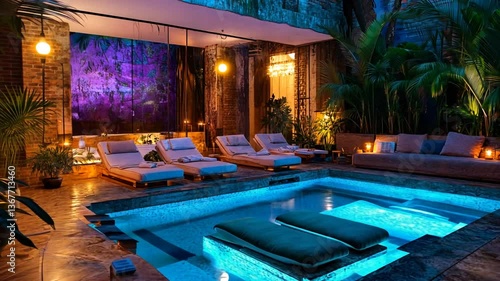 Serene Relaxation: Luxurious Private Pool and Lounges for Ultimate Vacation Getaway at Night