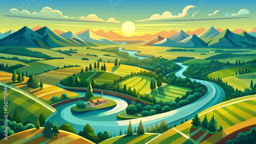 vector of panoramic aerial shot where a twisting river reflects sunlight as it winds through verdant fields