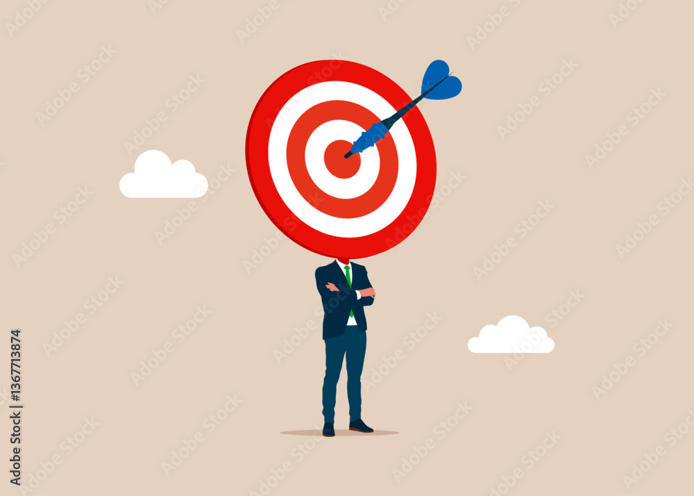 Businessman with a wearing dartboard instead of a head on shoulders. Progress to goal or reaching business target, motivation or challenge to achieve success, career growth or improvement concept. Businessman with a wearing dartboard instead of a head on shoulders. Progress to goal or reaching business target, motivation or challenge to achieve success, career growth or improvement concept.