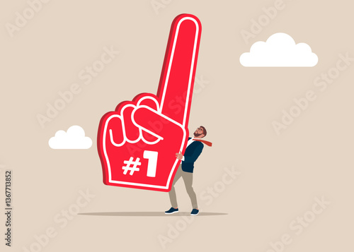 Businessman hold of fan foam finger with number one. Succeed in work. Flat vector illustration.