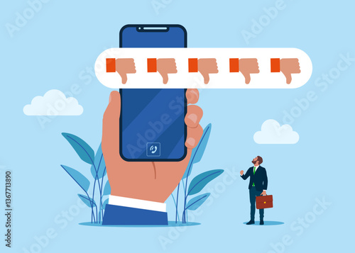 Hands thumb down for bad feedback on smartphone. Customer review rating. Internet hater, angry social media, dislike or negative feedback from remote work. Modern vector illustration in flat style