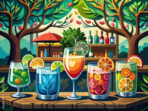 vector of Tree colorful gin and tonic cocktails in glasses on bar counter in pup or restaurant.