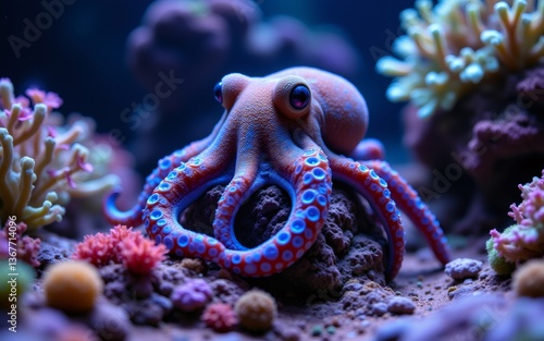 A vibrant octopus rests among colorful coral in a serene underwater environment