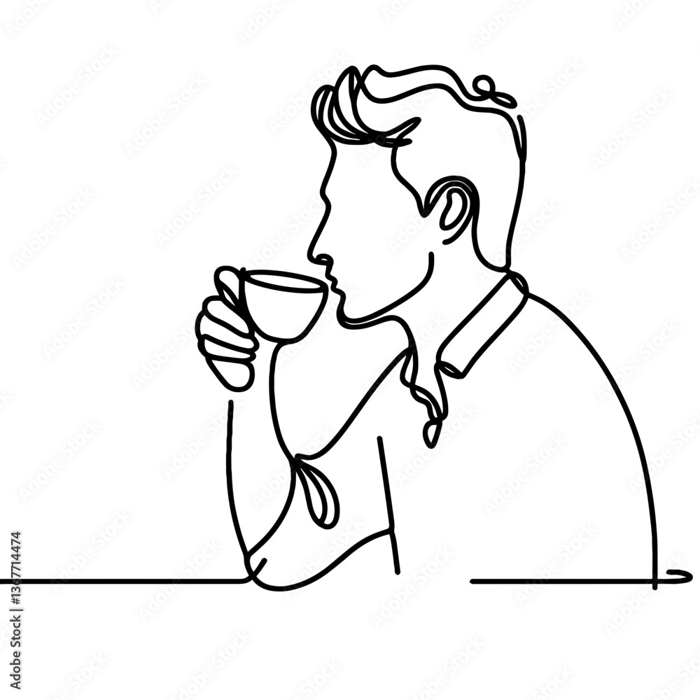 Man drinking coffee in continuous line art Man drinking coffee in continuous line art