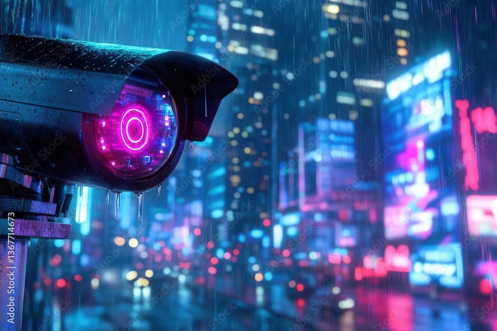 cyberpunk surveillance scene neonlit cctv camera against rainy cityscape holographic displays electric blue and purple hues dystopian atmosphere