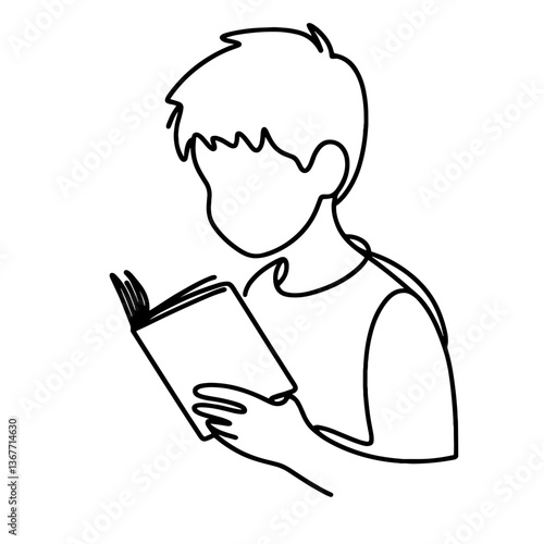 Boy reading book in minimalist line style