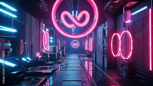 Sci-Fi Corridor with Neon Infinity Symbols: Abstract Cyberpunk Hallway Concept 