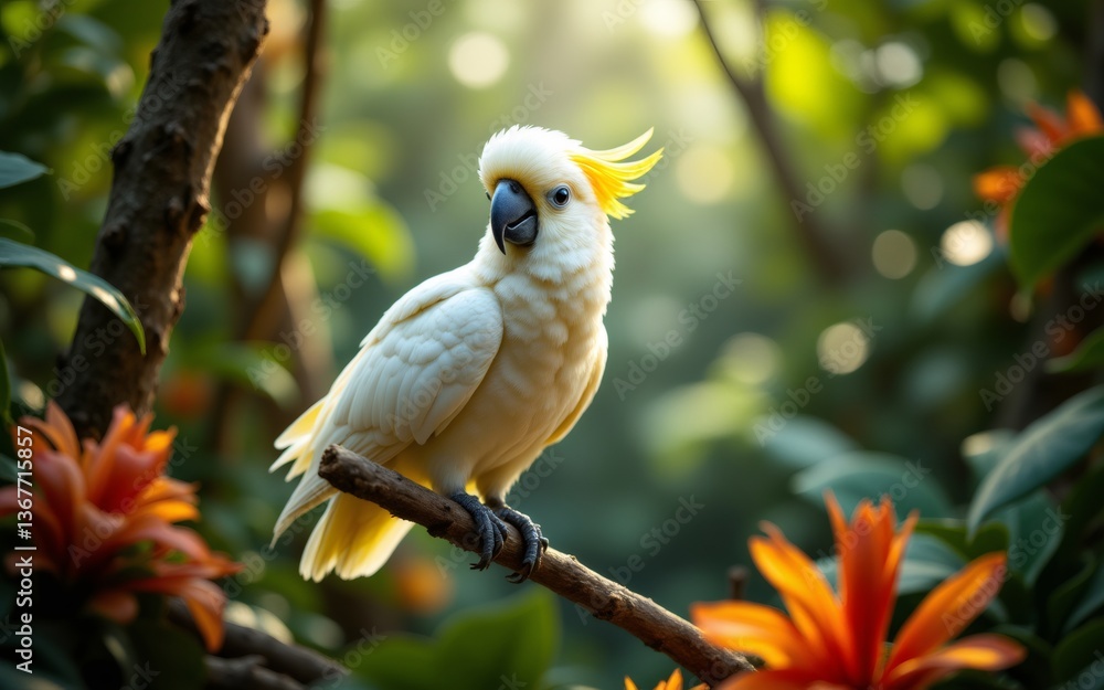 A striking white bird perched on a branch, surrounded by vibrant green foliage and bright orange flowers A striking white bird perched on a branch, surrounded by vibrant green foliage and bright orange flowers