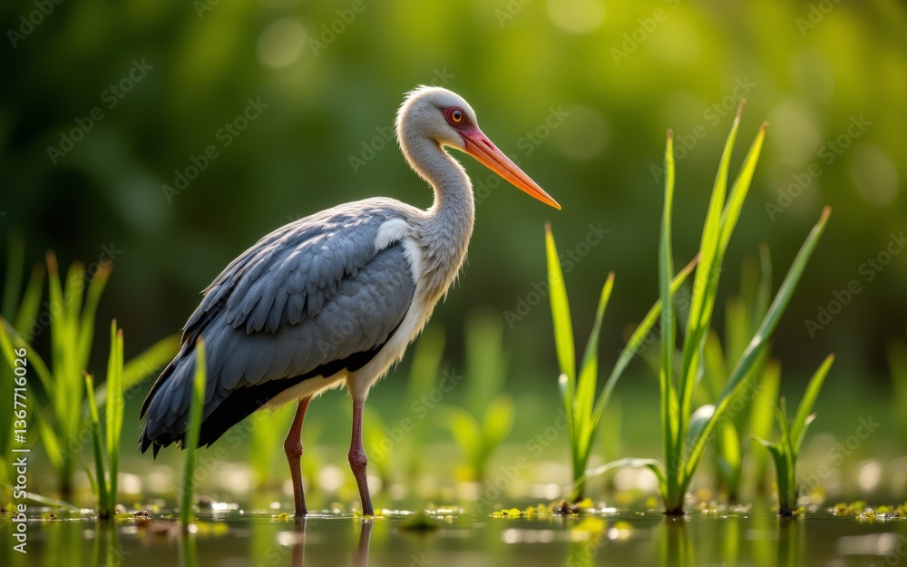 Fototapeta premium A graceful bird stands amidst lush green reeds, showcasing vibrant plumage near calm waters