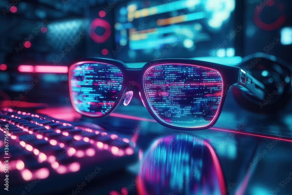 cyberpunkinspired workspace with holographic displays neonlit mechanical keyboard and lines of glowing code reflected in sleek glasses worn by programmer