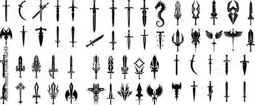 Sword silhouette collection vector knife and sword silhouette collection Medieval Sword Silhouettes Sword icon set Collection of silhouettes of different medieval and fantasy swords Element Vector