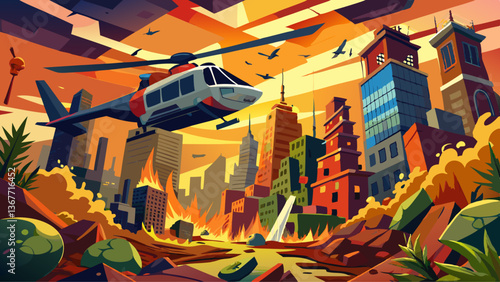 Urban Catastrophe: Helicopter Rescue Amidst City Destruction