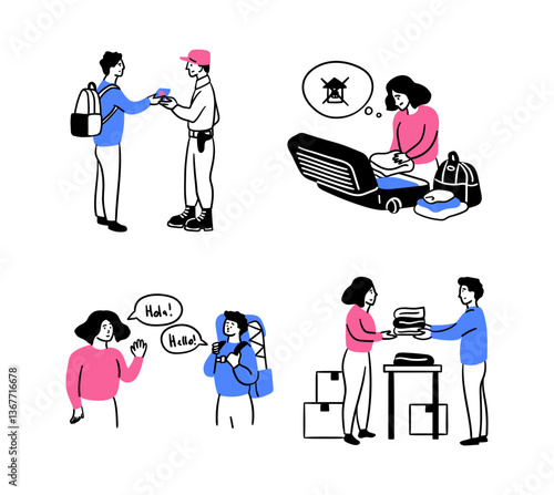 Cartoon Color Migration Concept Integration of Migrants Scenes Set with Women and Men Flat Design Style. Vector illustration
