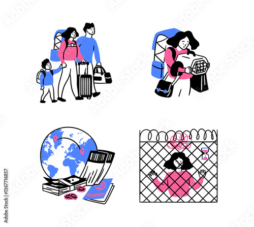 Cartoon Color Migration Concept Displaced Lives Scenes Set with Women and Men Flat Design Style. Vector illustration
