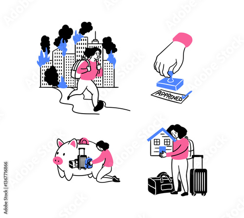 Cartoon Color Migration Concept Beyond Borders Scenes Set with Women and Men Flat Design Style. Vector illustration