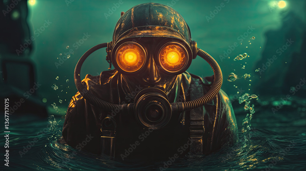 Intensely focused gaze of a deep-sea explorer, illuminated by glowing orange lenses.
