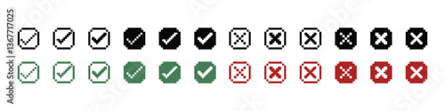 Pixel Art Green Check Marks and Red Cross Icons in Circle Shapes.Pixel check mark icons. Pixel art check mark simple design. Pixelated tick icons. Checkmark pixel art style vector icons.