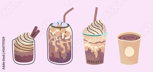 Cartoon Color Different Hot and Iced Coffee Beverage Set with Line Art Elements in Glass and Paper Cup. Vector illustration