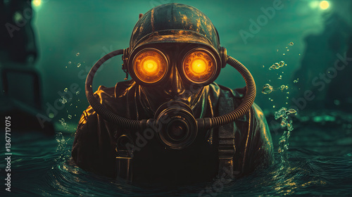 Obraz na płótnie Intensely focused gaze of a deep-sea explorer, illuminated by glowing orange lenses. w salonie