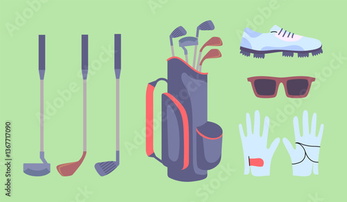 Cartoon Color Various Golf Equipment Set Sport Concept Flat Design Style. Vector illustration of Player Bag, Gloves, Sunglasses and Golfing Stick