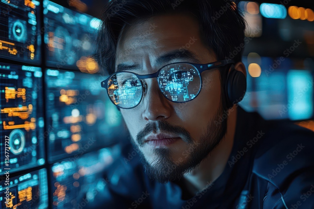 cybersecurity command center with curved holographic displays showing network defense visualizations operator silhouetted against glowing threat detection matrices
