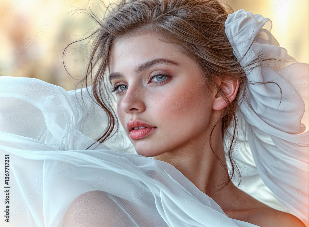 A young woman with exquisite makeup and a delicate updo, draped in flowing white fabric.