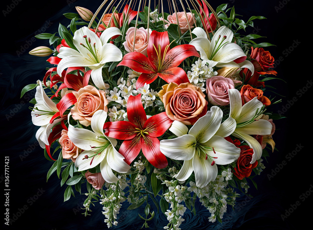 A vibrant bouquet of lilies and roses, in shades of red, peach, and white, arranged artfully.