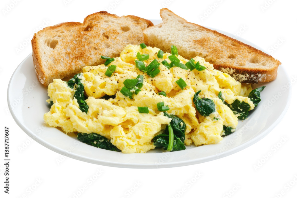 Delicious scrambled eggs with fresh spinach and toasted bread for a perfect breakfast meal isolated on transparent background Delicious scrambled eggs with fresh spinach and toasted bread for a perfect breakfast meal isolated on transparent background
