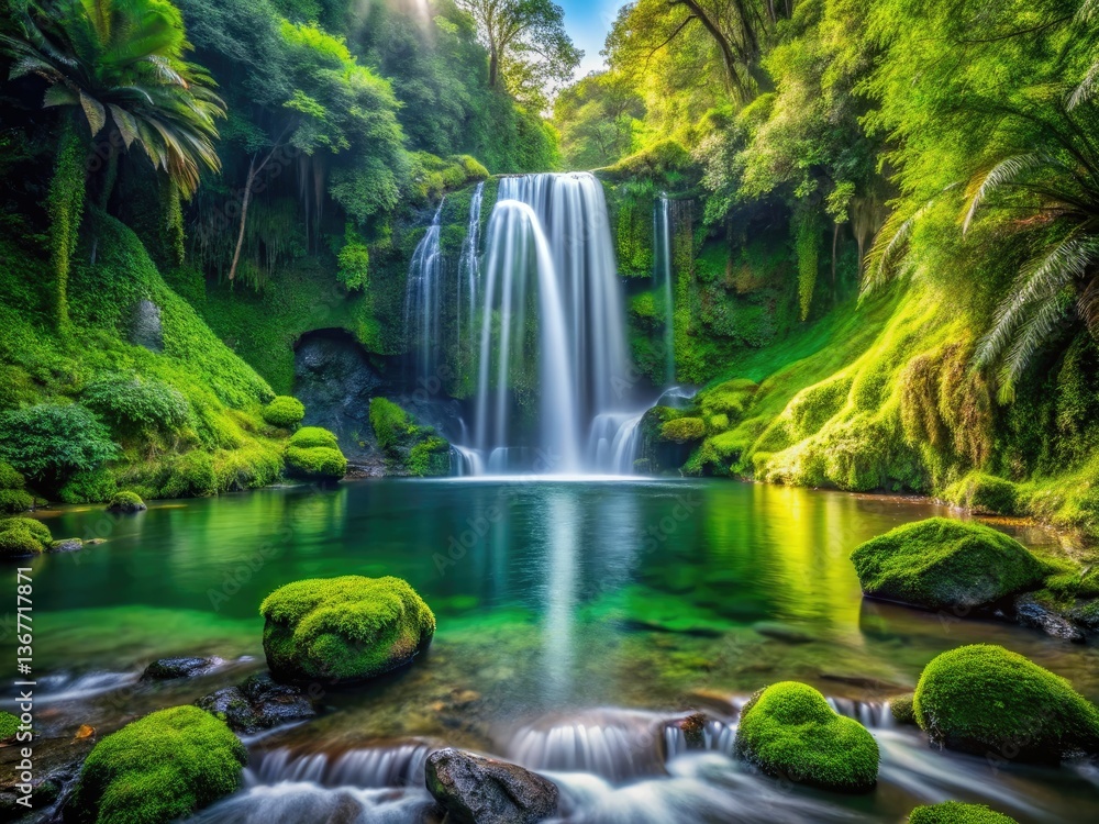 Obraz premium Surreal green waterfall, moss-draped oasis. Urban exploration reveals a hidden circular paradise.