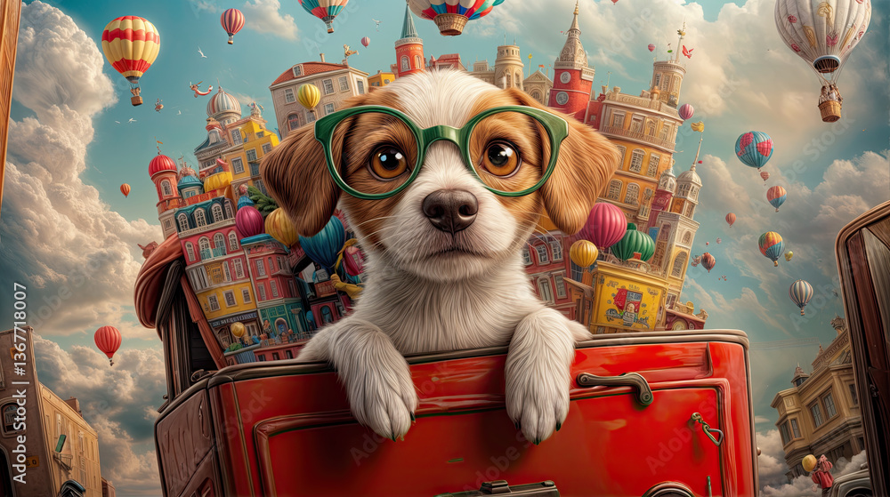 A dog in stylish glasses, perched atop a fantastical vehicle filled with miniature cities and hot air balloons.