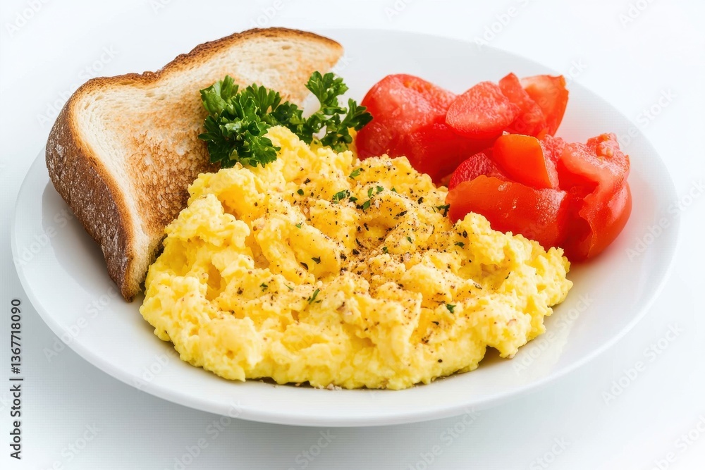 Delicious scrambled eggs with toast and fresh tomatoes served for a hearty breakfast isolated on transparent background Delicious scrambled eggs with toast and fresh tomatoes served for a hearty breakfast isolated on transparent background