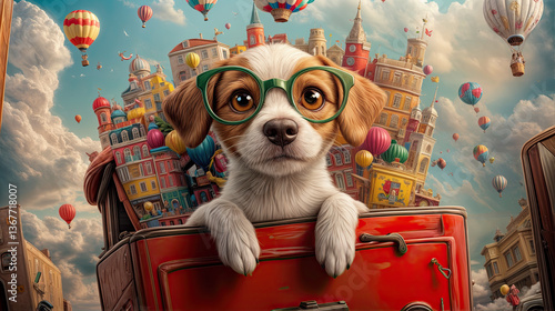 Obraz na płótnie A dog in stylish glasses, perched atop a fantastical vehicle filled with miniature cities and hot air balloons. w salonie