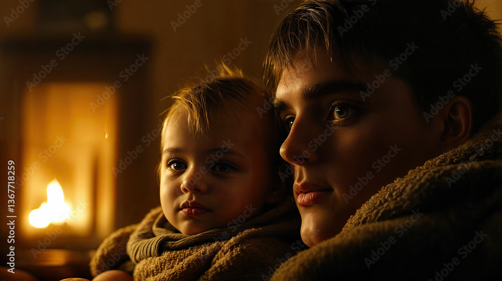 A young child and a teenaged sibling, nestled close by the warm glow of a fireplace.