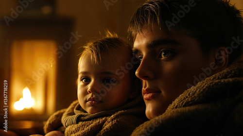 Obraz na płótnie A young child and a teenaged sibling, nestled close by the warm glow of a fireplace. w salonie