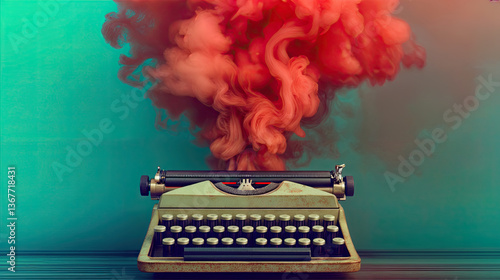 Obraz na płótnie A vintage typewriter, bathed in a swirling cloud of crimson ink, evokes a sense of creative energy. w salonie