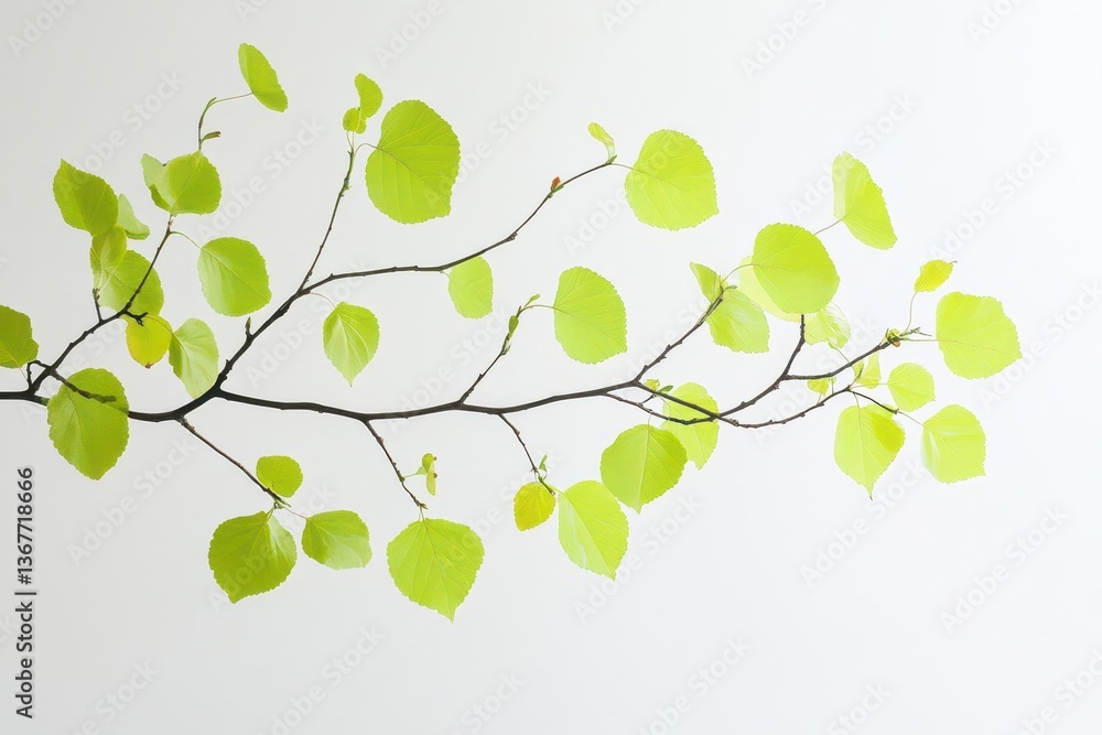 dancing spring leaves caught in gentle breeze fresh limegreen foliage suspended in midair with organic movement minimalist white backdrop