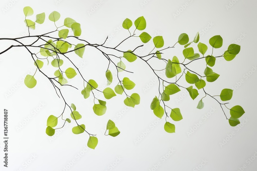 dancing spring leaves caught in gentle breeze fresh limegreen foliage suspended in midair with organic movement minimalist white backdrop