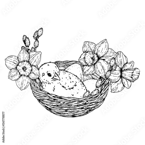 Vector illustration of a cute chick in a nest with eggs, daffodil flowers, and pussy willow branches. Hand drawn in black and white ink line art. Perfect for Easter, spring greeting cards and 8 March.
