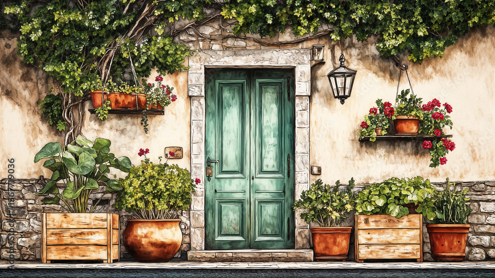 Potted plants and flowers adorn a weathered stone facade, highlighting a vintage teal door.