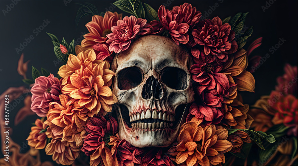 A skull, adorned with a vibrant floral wreath of deep oranges and reds, sits serenely amidst the blooms.