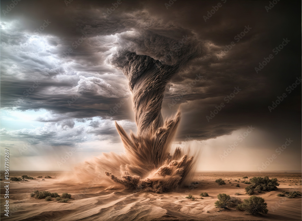 A powerful sandstorm vortex erupts from a dramatic, dark cloud formation, showcasing the raw power of nature.