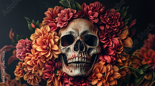 Obraz na płótnie A skull, adorned with a vibrant floral wreath of deep oranges and reds, sits serenely amidst the blooms. w salonie